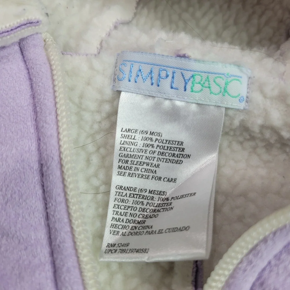 Simply Basic Pram Suit Baby Girls 6-9 Month Lavender Purple Hooded Sherpa Fleece